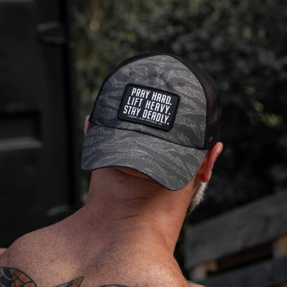 Pray Hard. Lift Heavy. Stay Deadly. Patch Tactical Ripstop Mesh Snapback Hat