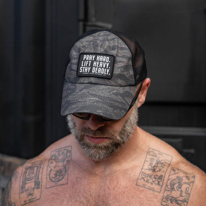 Pray Hard. Lift Heavy. Stay Deadly. Patch Tactical Ripstop Mesh Snapback Hat
