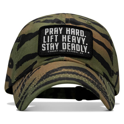 Pray Hard. Lift Heavy. Stay Deadly. Patch Tactical Ripstop Mesh Snapback Hat