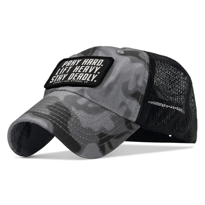 Pray Hard. Lift Heavy. Stay Deadly. Patch Tactical Ripstop Mesh Snapback Hat