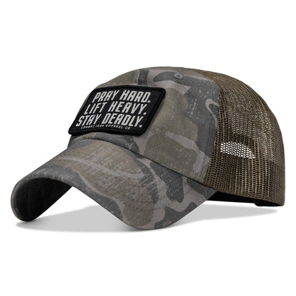 Pray Hard. Lift Heavy. Stay Deadly. Patch Tactical Ripstop Mesh Snapback Hat