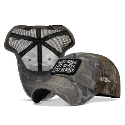 Pray Hard. Lift Heavy. Stay Deadly. Patch Tactical Ripstop Mesh Snapback Hat
