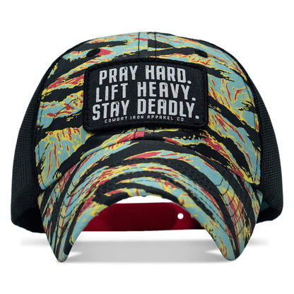 Pray Hard. Lift Heavy. Stay Deadly. Patch Tactical Ripstop Mesh Snapback Hat
